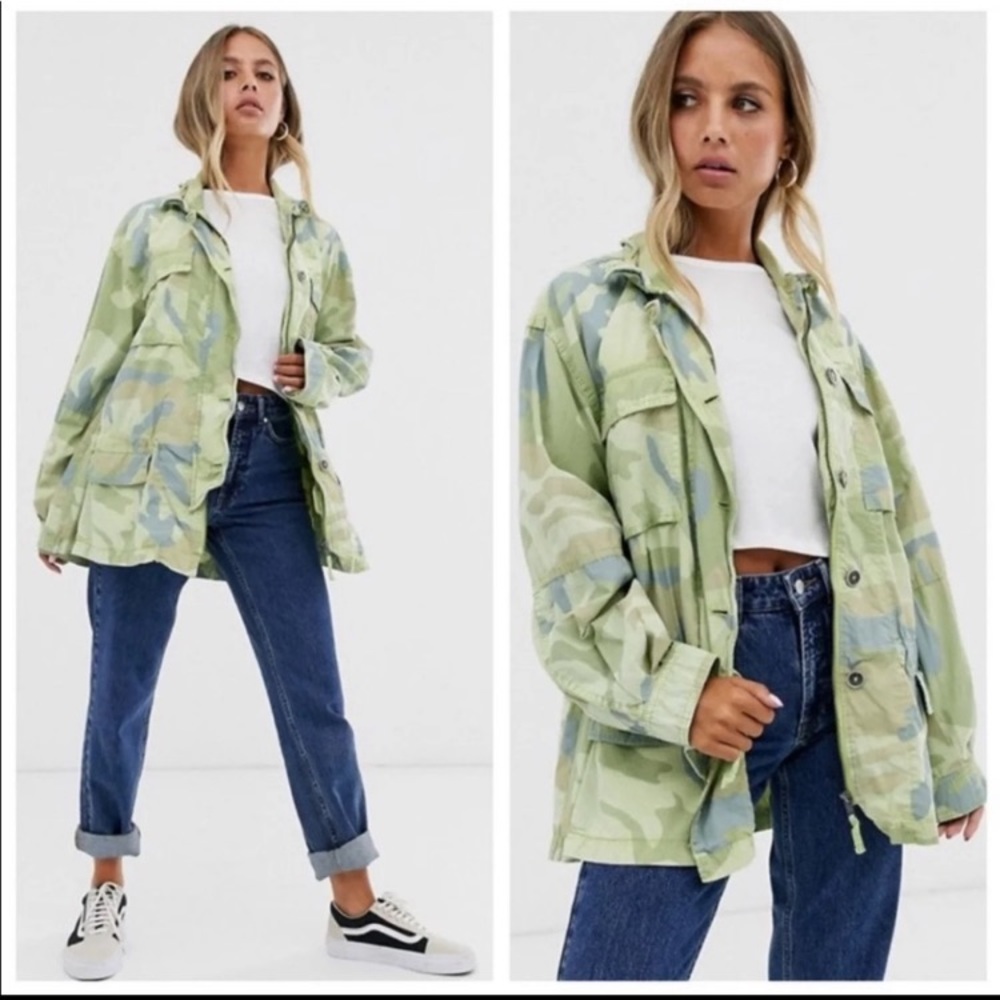 Free People Lead The Way Jacket Camo 100% Cotton Size Medium